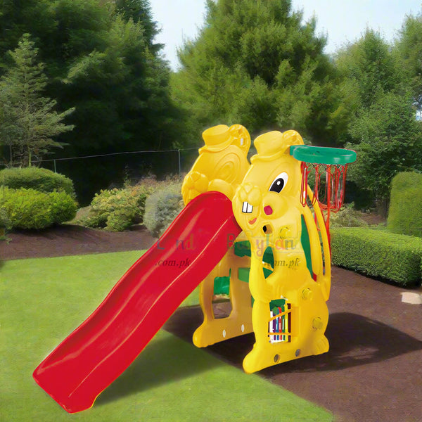 Kids Rabbit Theme Slide with Basket Ball Hoop (L-58" W-19" H-42")
