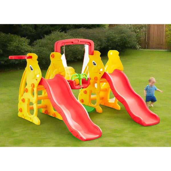 Kids Twin Slide and Swing Set with Basketball Hoop (L-112" W-63" H-53")