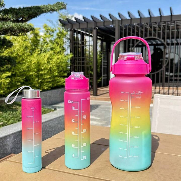 Rainbow Gradient Color Water Bottle Set with Straw – Pack of 3