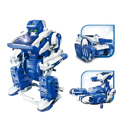  Blue and white 3-in-1 solar-powered robot kit for kids aged 10+, featuring models of a tank, robot, and scorpion that can be built and powered by solar energy.