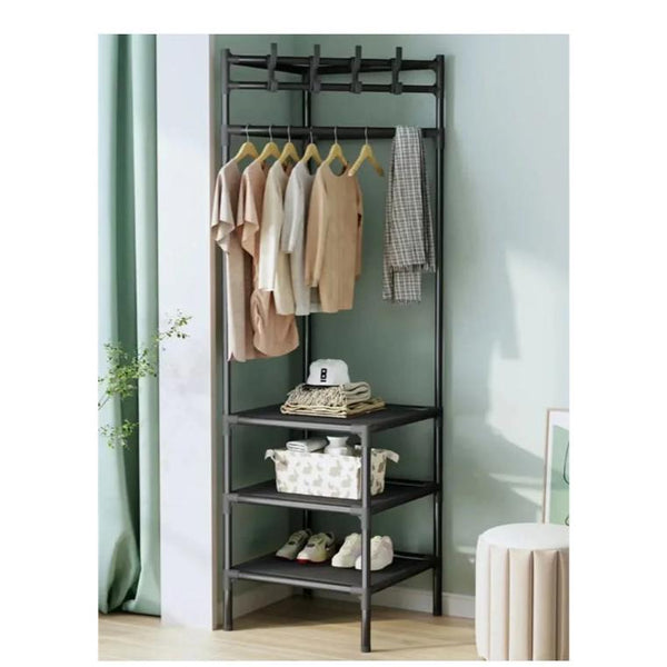 Multifunction Corner Garment Rack with 3-Tier Storage Shelves
