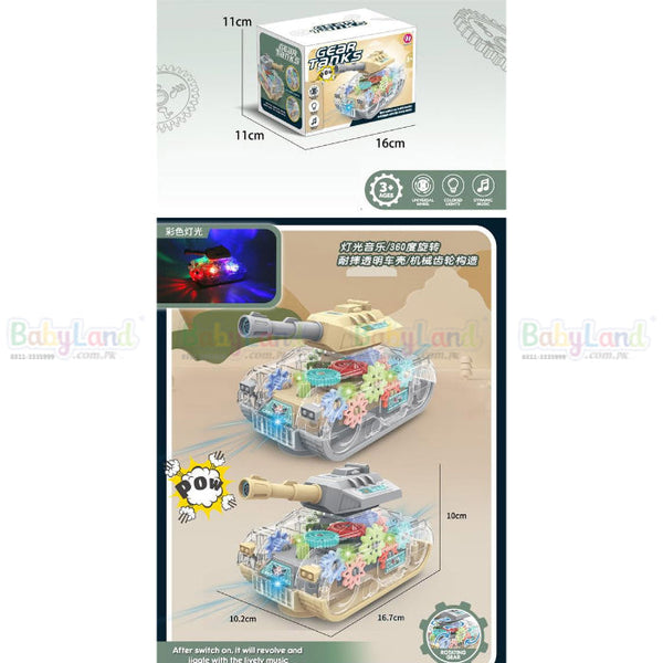 Transparent Gear Tank with Music, Light & 360 Rotation