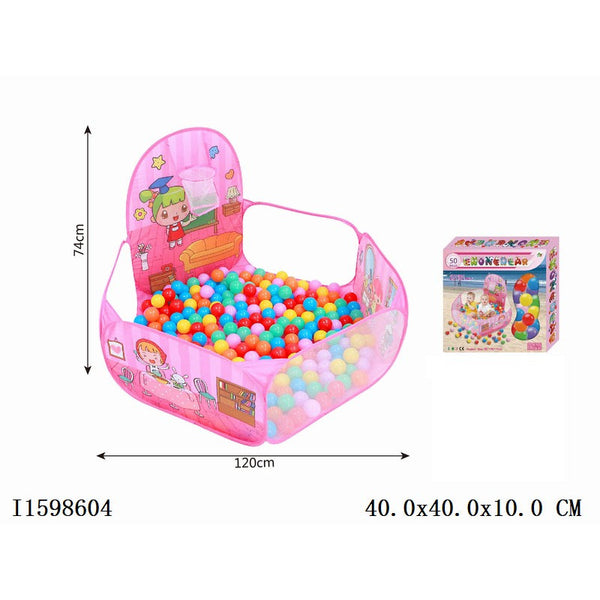 Girls Ball Pool Tent with Basketball Hoop and 50 Play Balls (120x120x74cm)