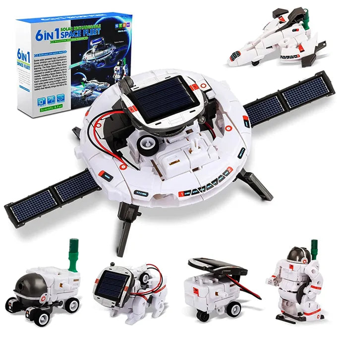 Solar-powered 6-in-1 robot kit for kids aged 7+, featuring models that can move, crawl, roll, and float on water, designed to teach children about robotics and renewable energy.