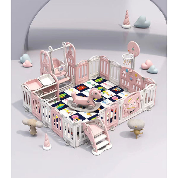Interactive Pink All-in-One Playpen with Slide, Swing, Rocking Horse & Hoop (6'.3" x 7'.9" x 63")