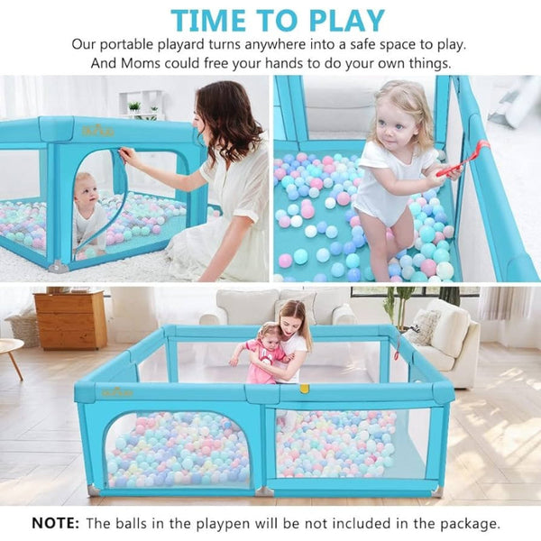 Foldable Safety Play Yard with Breathable Mesh Walls & Anti-Slip Suckers - Blue (79"x71")