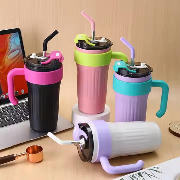 Stainless Steel Coffee Tumbler – 850ml Double-Wall with Handle and Straw