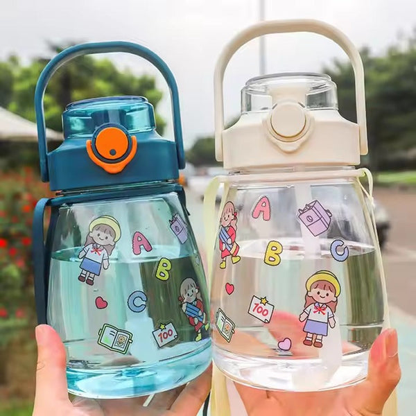 Cute 1300ml Water Bottle with Straw & Adjustable Strap