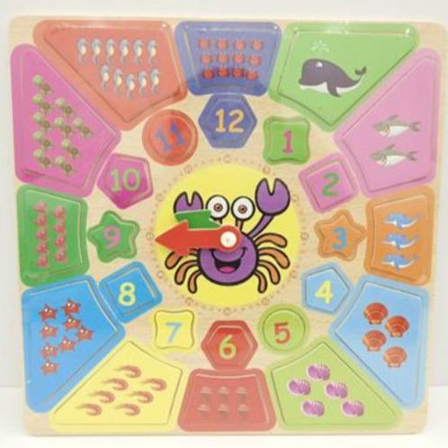 Wooden Learning Clock Board with Shapes and Counting for Kids