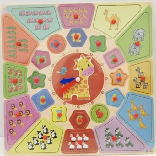 Wooden Learning Clock Board with Shapes and Counting for Kids
