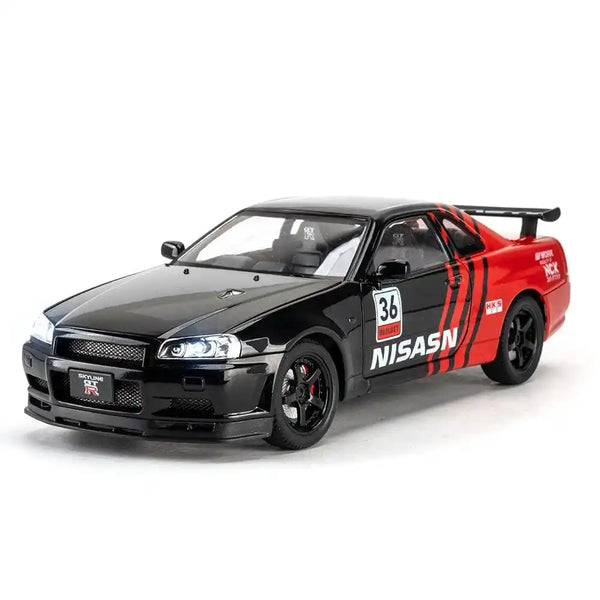 1:24 Nissan Skyline GT-R R34 Diecast Model Car – Black Edition with Lights & Sound, Pull-Back Action Collectible