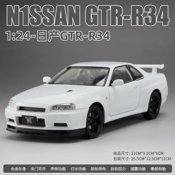 Nissan Skyline GTR R34 Diecast Model 1:24 – White Edition with Lights & Engine Sound