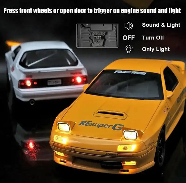 1:24 Mazda RX-7 Diecast Metal Model Car – Pop-Up Headlights with Light & Engine Sound, Collectible Toy (Yellow)