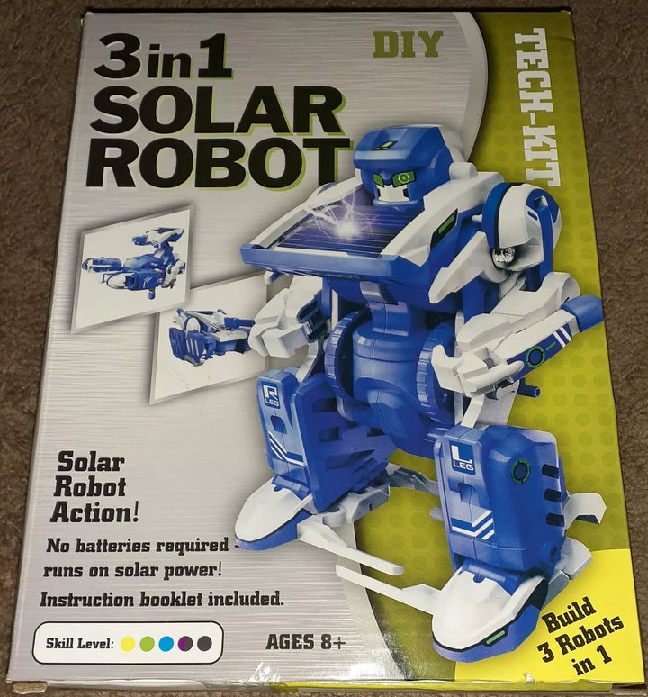  Blue and white 3-in-1 solar-powered robot kit for kids aged 10+, featuring models of a tank, robot, and scorpion that can be built and powered by solar energy.