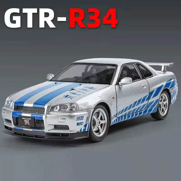 1:24 Nissan Skyline GT-R R34 Diecast Model Car – 2 Fast 2 Furious Edition with Lights & Sound, Pull-Back Action Collectible