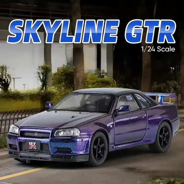 1:24 Nissan Skyline GT-R R34 Diecast Model Car – Purple Double Shade with Lights & Sound, Pull-Back Action Collectible